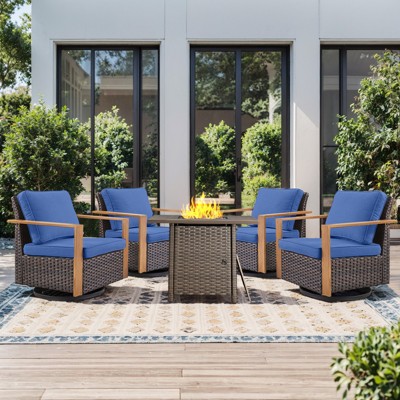 Buenhomino Outdoor Furniture with Fire Pit -Patio Table and Chairs Set of 4 Swivel Patio Chairs for Deck Porch Garden Poolside Backyard