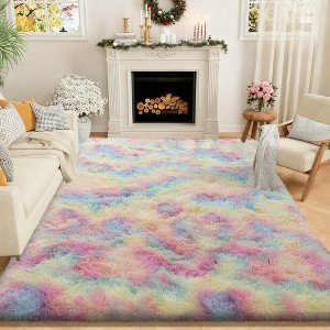 Grass Green Fluffy Shag Area Rug with Non-Slip Base & 4 Reusable Stickers, Soft Plush Mat - 1 of 4