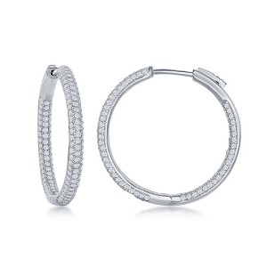 Bella Silver Sterling Silver 3x30mm Inside-Outside Micro Pave CZ Hoop Earrings - Silver - 1 of 2