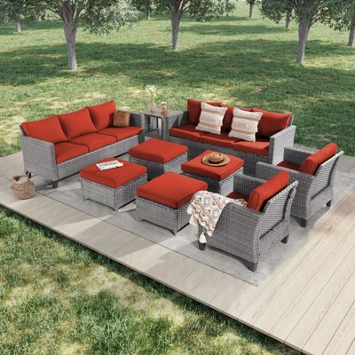 Sonkuki Outdoor 9-Piece Patio Conversation Set with Ottoman and Side Table, Navy Blue Cushion