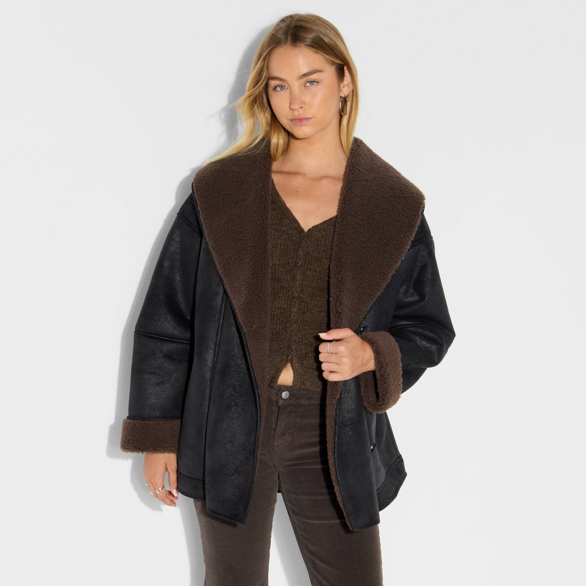 Women's Shawl Collar Shearling Coat - Wild Fable™ Black XXS