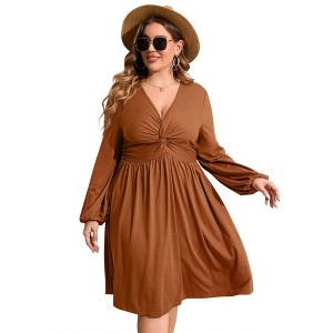 WhizMax Women's Plus Size Dress V Neck Long Sleeve Front Knotted Elastic Elegant Dress A Line Knee Length Midi Dress - 1 of 4
