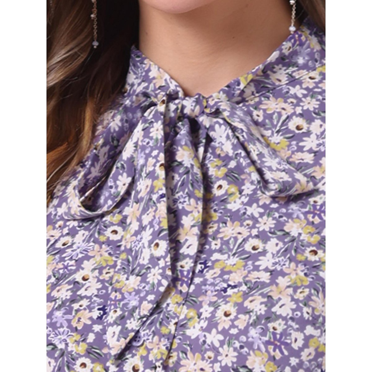 Женские платья INSPIRE CHIC Women's Tie Neck Chiffon Long Sleeves Vintage Belted Floral Dress Large Purples — фото 5