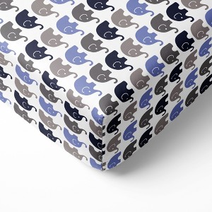 Bacati - Elephant Blue, Navy, Gray 100 percent Cotton Universal Baby Crib or Toddler Bed Fitted Sheet - 1 of 4
