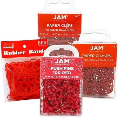 JAM Paper 1 Rubber Bands Push Pins Paper Clips & Round Paper Cloops Red 3224REOASRT