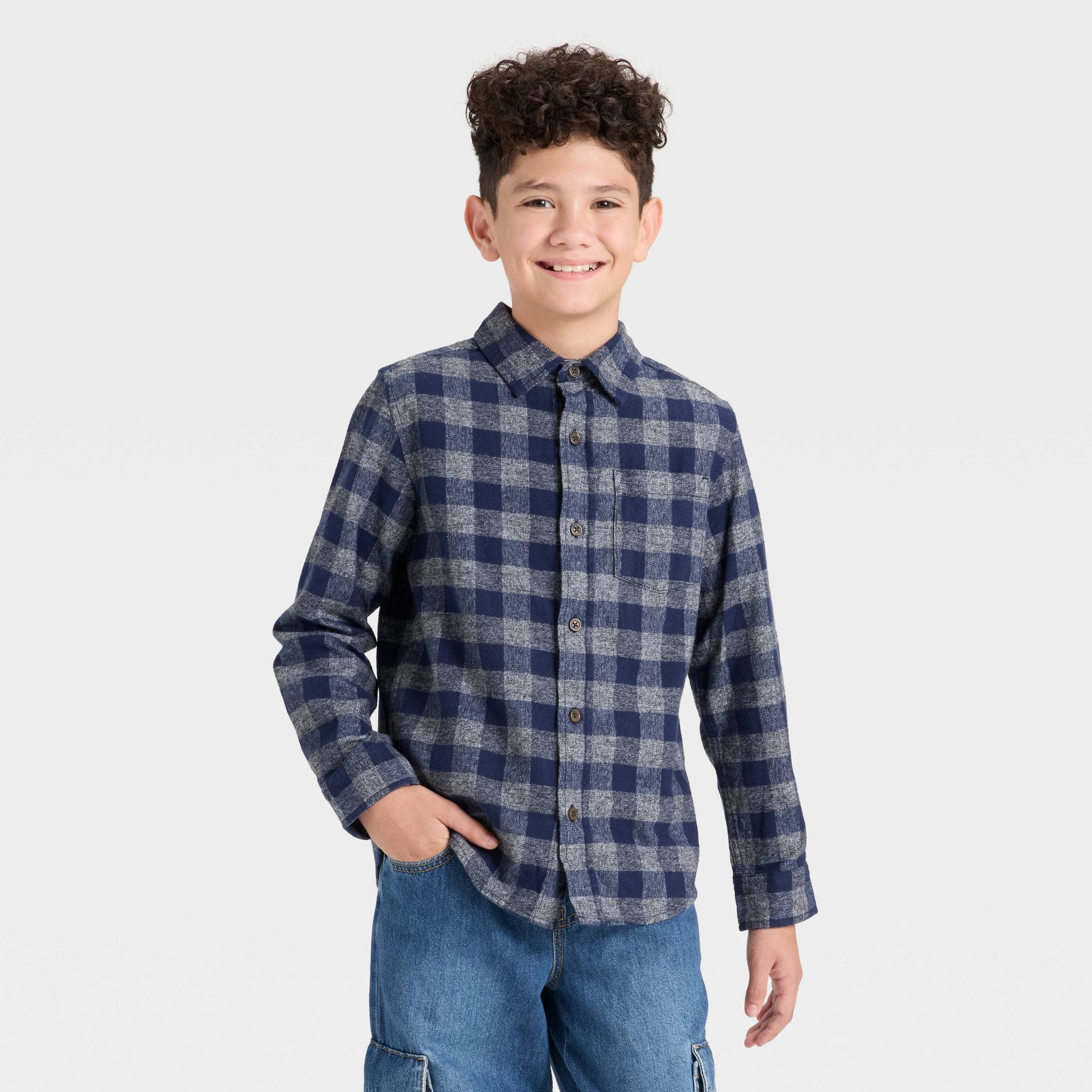 Boys' Long Sleeve Striped Plaid Flannel Button-Down Shirt - Cat & Jack™ Navy Blue XS
