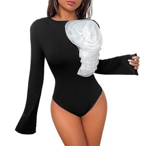 Coolmee Women’s Long Bell Sleeve Crew Neck Stretchy Slim Fit Tops Bodysuit Going Out Top Jumpsuit - 1 of 4