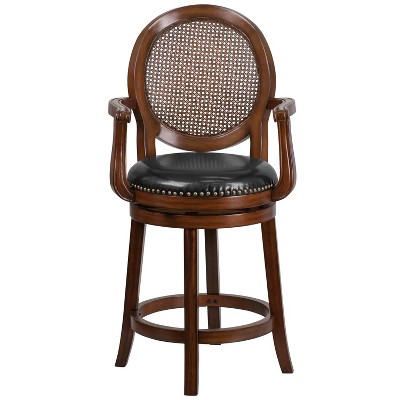 Espresso Wood Counter Stool with Black Leather Swivel Seat