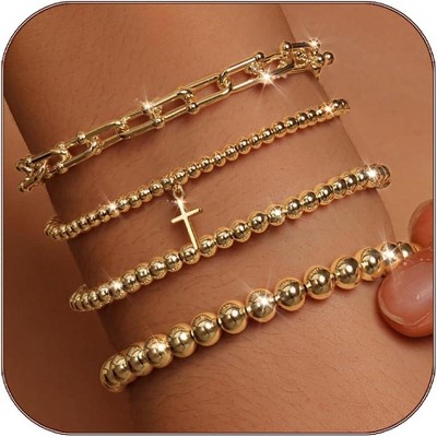 Gold Bracelets for Women 14K Gold Plated Cross Bracelet Strand Bead Ball Bracelets stack Set Chunky Chain Bracelet Trendy