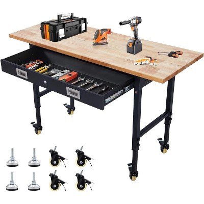 60" x 22" Adjustable Height Workbench – Heavy Duty Rubber Wood Top, Tool Storage, Pegboard, Power Outlets, Lockable Wheels