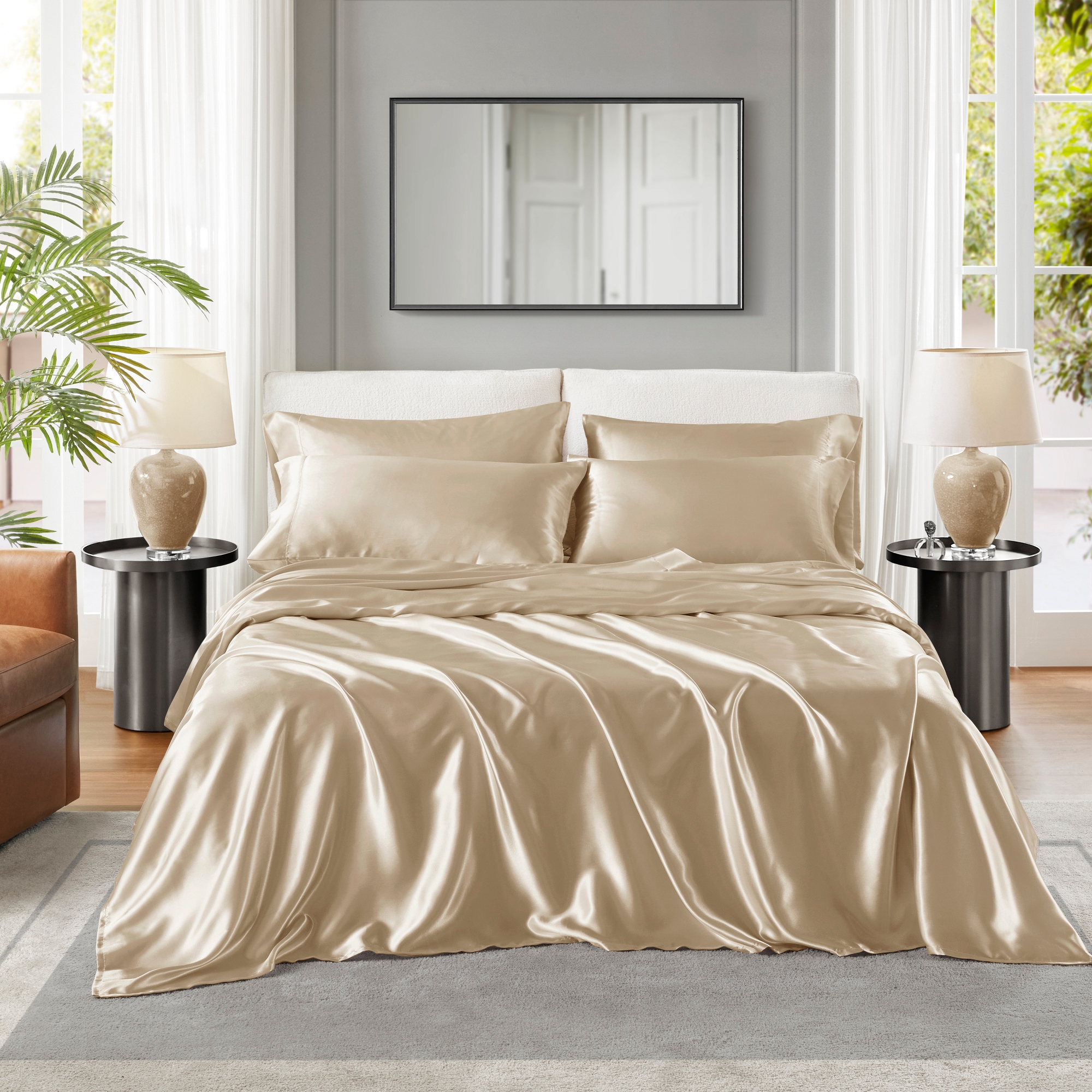 6 Pcs Solid Wrinkle-Free Satin Sheet Set, Silky Soft Touch Frezz-Reduce Luxury Sheets, OEKO-TEX Certified Premium Bedding Set, Champagne, Queen