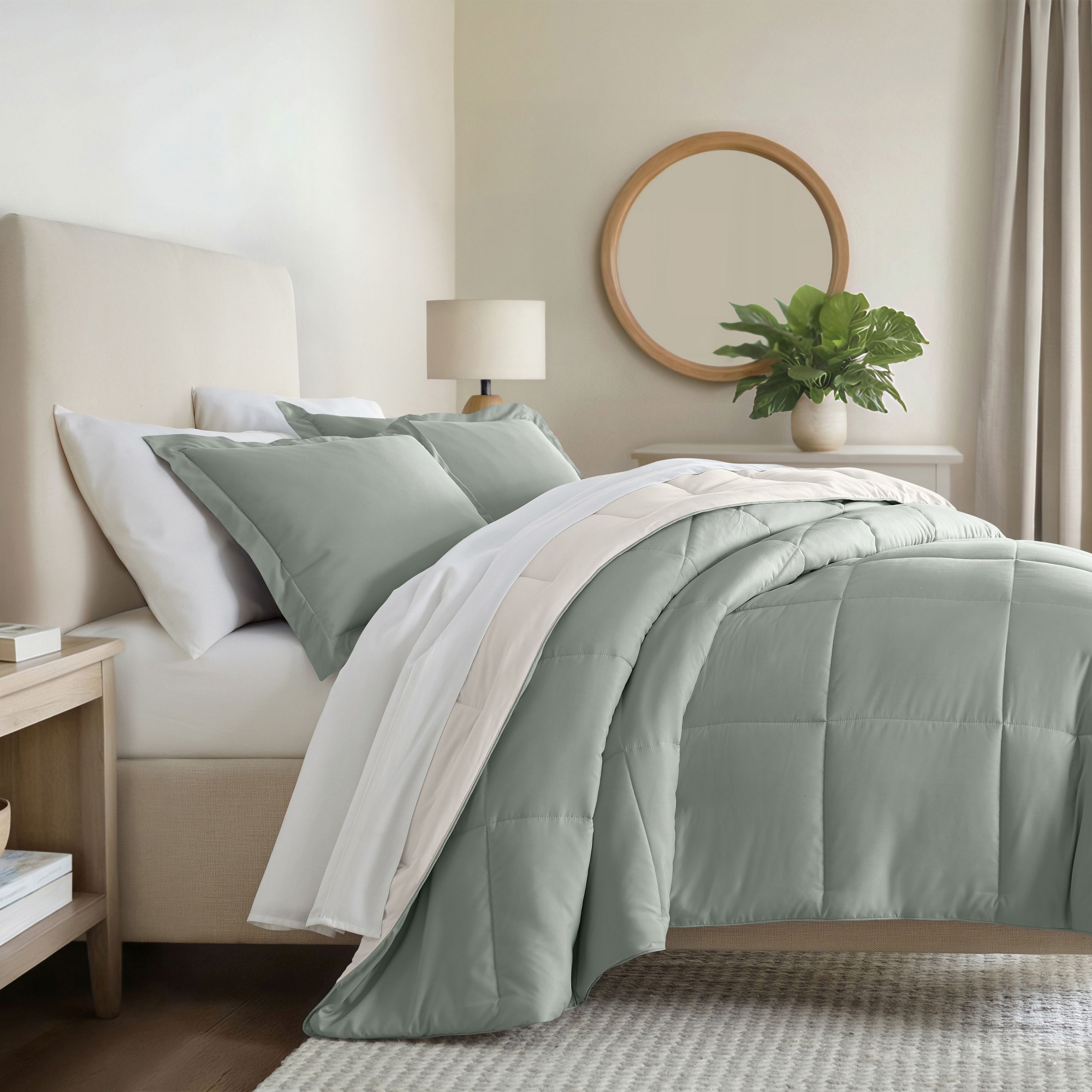 Reversible Comforter and Shams Set, Ultra Soft - Becky Cameron, Eucalyptus / Natural, Full/Queen