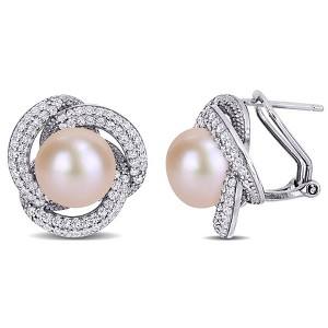 EVERLY JEWELRY | Sterling Silver 1-1/2 CT TGW Cubic Zirconia And 9.5-10.5 mm Pink Freshwater Cultured Fashion Pearl Earrings - 1 of 4
