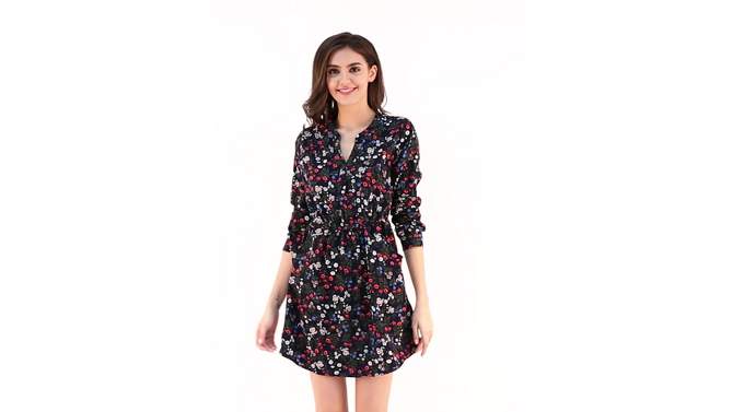Allegra K Women's Button Front Floral Print Split Neck 3/4 Sleeves Above Knee Dresses, 2 of 8, play video