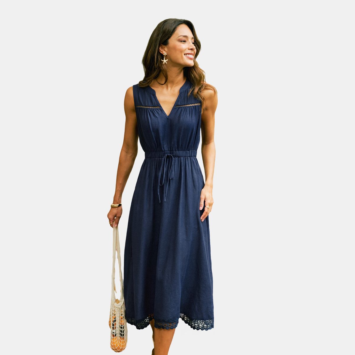 Cupshe Women's Midi Dress with Adjustable Waist and Lace Trim