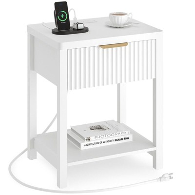 Gikpal Fluted Nightstand, Bedside Tables with Charging Station, Boho Side Tables with Drawer & Open Compartment for Bedroom