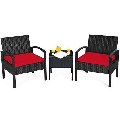 Tangkula 3 Pieces Patio Set Outdoor Wicker Rattan Furniture w/ Cushions Red