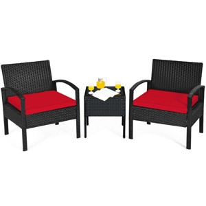 Tangkula 3 Pieces Patio Set Outdoor Wicker Rattan Furniture w/ Cushions Red - 1 of 4