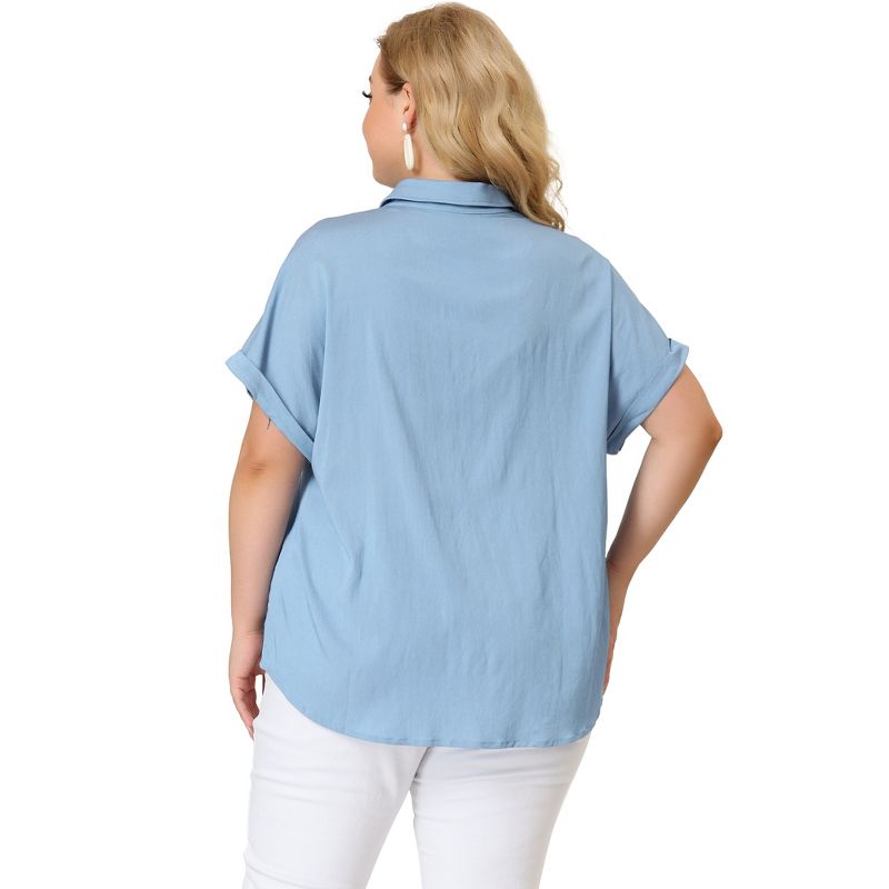 Agnes Orinda Women's Plus Size Chambray Work Roll Sleeves Buttons Down Shirts, 5 of 7