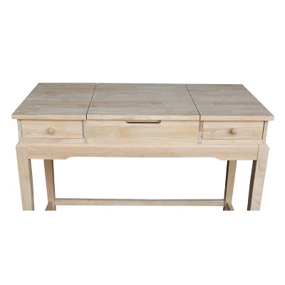 Classic Unfinished Rubberwood Vanity Table with Flip-Up Mirror
