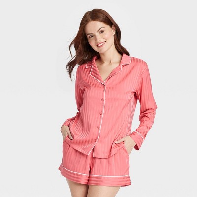 Women's Luxury Collection Shadow Striped Satin Notch Collar Top and Shorts Pajama Set - Auden™