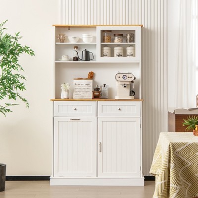 White and Natural MDF Tilt Out Trash Cabinet with Hutch