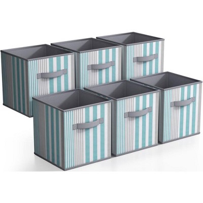 Aqua and Gray Striped Collapsible Fabric Storage Cubes - 6 Pack