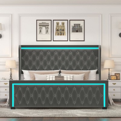 Bed With Frame And Headboard,Wide Wingback Upholstered Bed,Velvet Fabric Bed With Deep Tufted Buttons,RGB LED Light Strip-Cuddlewood