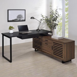 60" L-Shaped Desk with Dual Desktop Work Surfaces, Wood Grain Finish, Home Office Workstation with Storage Drawers and Shelves -3irtyhousy - 1 of 4