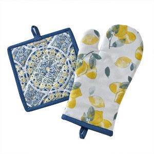 SKL Home By Saturday Knight Ltd Lemon Medallion Oven Mitt And Pot Holder Set - 2-Piece - 7X13", Green - 1 of 4