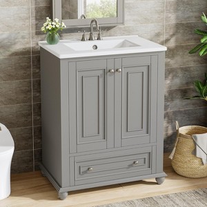 Tribesigns 24" Bathroom Vanity with Ceramic Sink Combo, Freestanding Bathroom Storage Vanity Cabinet with 2 Doors & 1 Drawer - 1 of 4