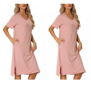 INSPIRE CHIC Women's 2 Pcs Split Hem Pajama Dress Casual V-Neck Short-Sleeve T-Shirt Dress Midi Nightshirt - 1 of 4