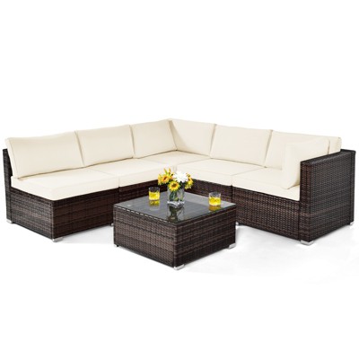 Tangkula 6PCS Wicker Patio Sectional Conversation Furniture Set with Seat Cushions & Coffee Table