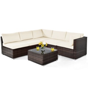 Tangkula 6PCS Wicker Patio Sectional Conversation Furniture Set with Seat Cushions & Coffee Table - 1 of 4