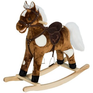 Qaba Kids Metal Plush Ride-On Rocking Horse Chair Toy With Nursery Rhyme Music - Dark Brown - 1 of 4