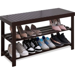 Create an Organized Entryway: 3-Tier Bamboo Shoe Bench with Built-in Seat - Space-Saving Storage Shelf - 1 of 4