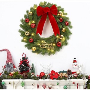 Christmas Wreath with Red Bow & Balls, 24 Inch Pre-Lit Front Door Wreath with 20 LED Lights, Artificial Xmas Decor for Fireplace, Window, Green Red - 1 of 4