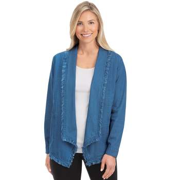 Collections Etc Open-Front Frayed Lapel Denim Jacket with Pockets
