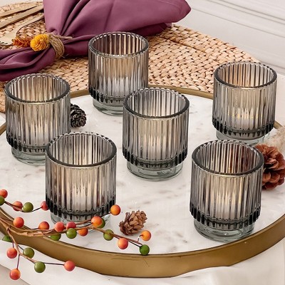 Smoke Gray Ribbed Glass Tealight Votive Candle Holders Set of 6