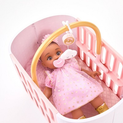 Pink and White Faux Fur Baby Doll Crib with Play Mat