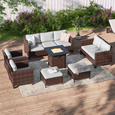 Sonkuki 7 Pieces Patio Sofa with Square Fire Pit Table and Ottomans, Wicker Conversation Couch, Sand Cushion