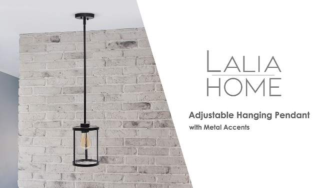 1-Light 9.25" Modern Farmhouse Adjustable Hanging Cylindrical Clear Glass Pendant Fixture with Metal Accent - Lalia Home, 2 of 12, play video