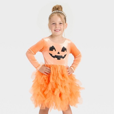 Toddler Girls' Halloween Pumpkin Jack-o'-lantern Tulle Dress - Orange