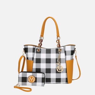 MKF Collection Bonita Checker Tote & Wallet Set - Stylish Vegan Leather Bag by Mia K - Mustard