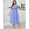 Coolmee Women's Plus Size Floral Summer Dress Puff Sleeve Smocked Ruffle Square Neck Casual Dress Cute Midi Dress - 2 of 4
