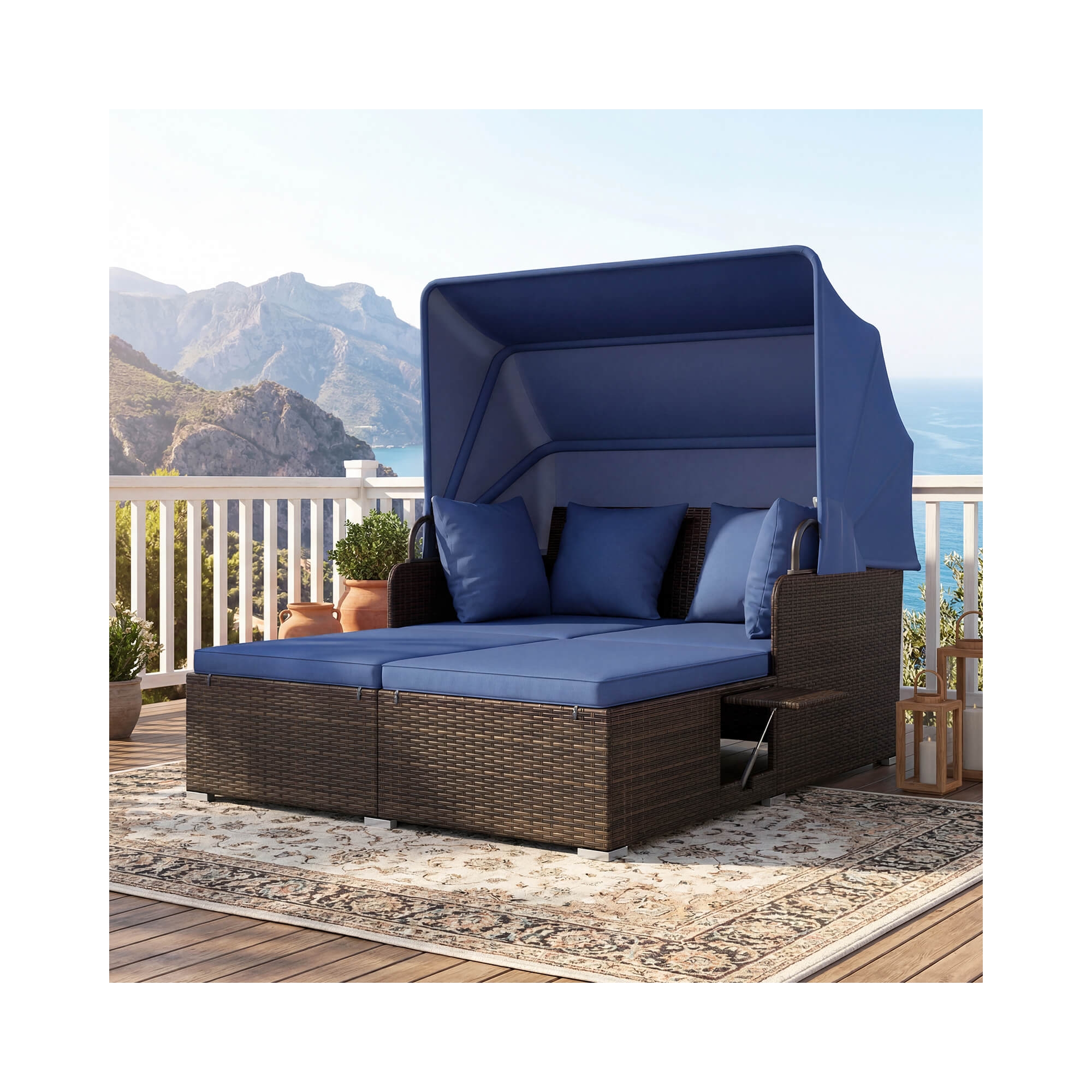 Costway Patio Rattan Daybed Lounge Retractable Top Canopy Side Tables Cushions Beige Mix Brown + Navy