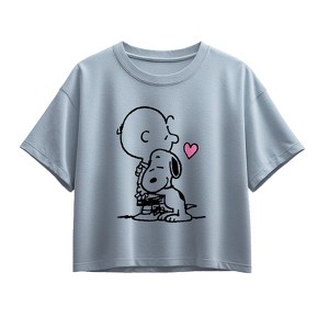 Girls' - Peanuts - Snoopy Charlie Hug Short Sleeve Boxy Graphic T-Shirt - 1 of 2