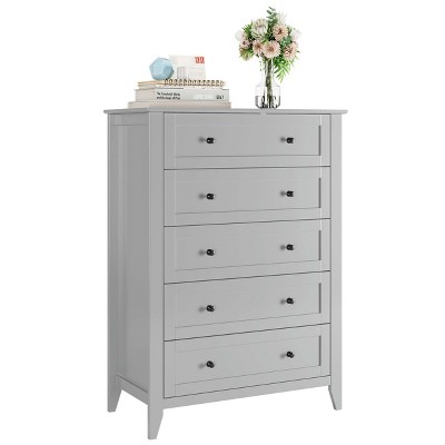 5 Drawers Dresser for Bedroom, Farmhouse Tall Wood Chest of Drawers for Clothes, Big Storage Dressers Organizer with Gold Handles & Deep Drawers