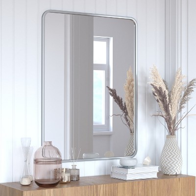 Matte Silver Rectangular Wall Mirror with Rounded Corners