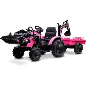 24V 3-in-1 Kids Ride On Tractor with Trailer, Battery Powered Electric Excavator & Bulldozer Toy Car with Remote Control, LED Lights, Music - 1 of 4